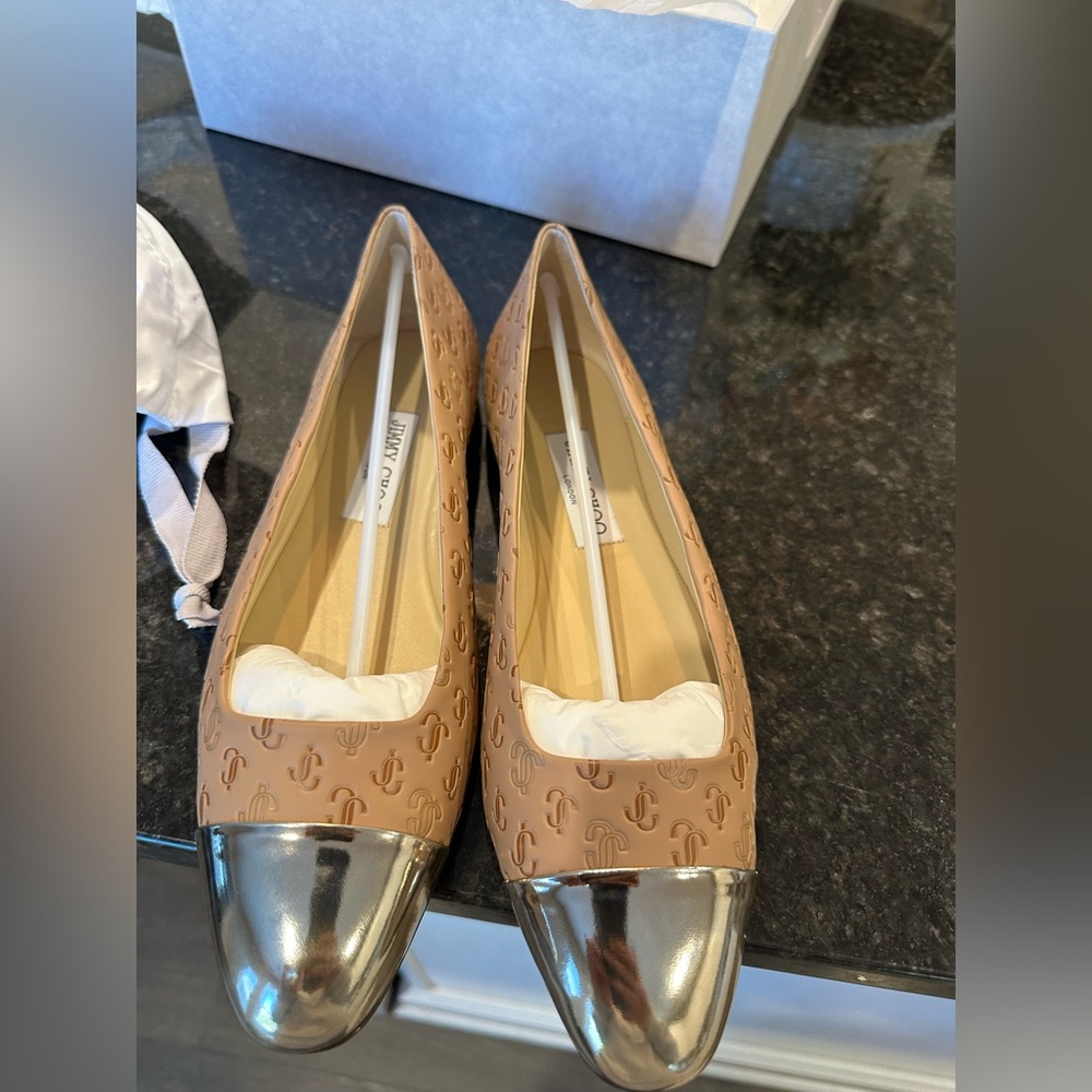 Jimmy Choo Tan and Silver Flats
